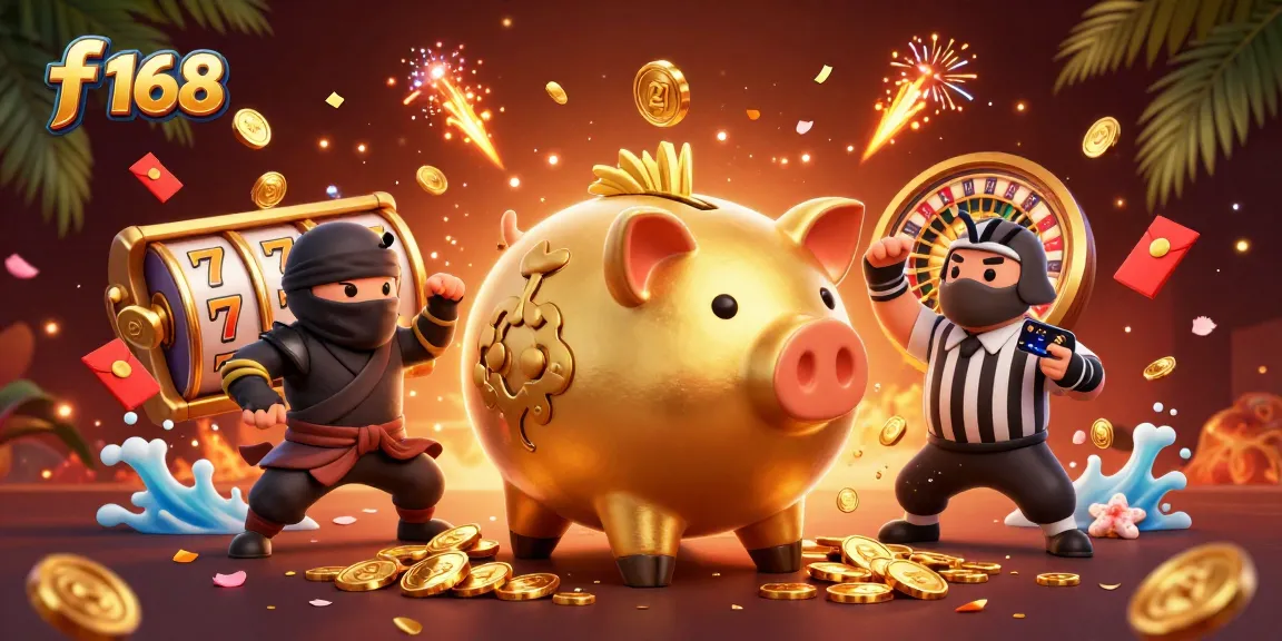 Engage with the thrilling action at f 168 as a golden piggy bank sumo wrestler dominates with coins!