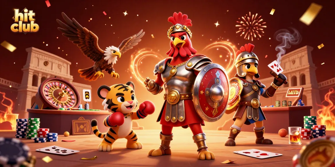 Experience thrilling action at the hit club with a rooster gladiator and vibrant casino elements.