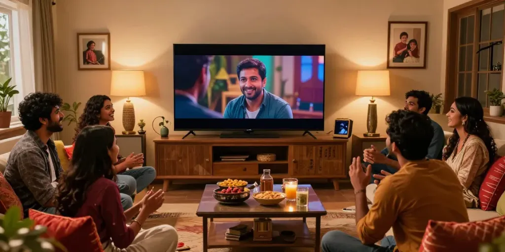 Friends enjoying happy moments together watching happy2hub Indian web series in a cozy living room.