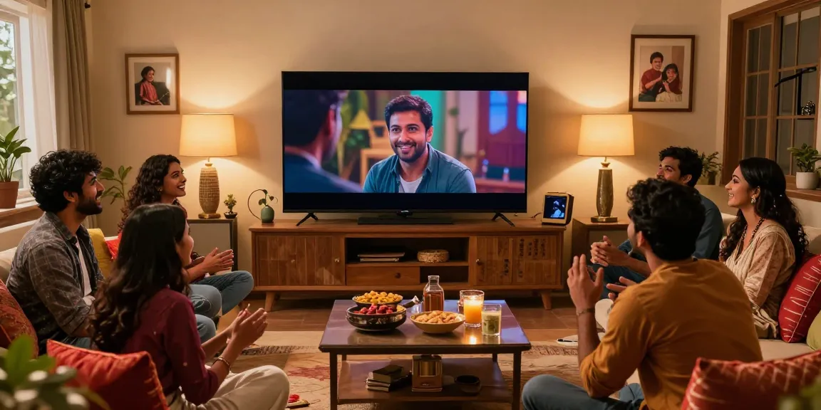 Friends enjoying happy moments together watching happy2hub Indian web series in a cozy living room.