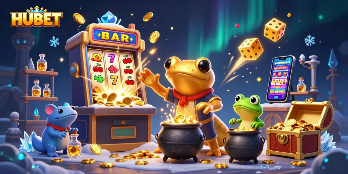 HUBET offers immersive casino experiences with dynamic 3D visuals showcasing gold coins and slot machines.
