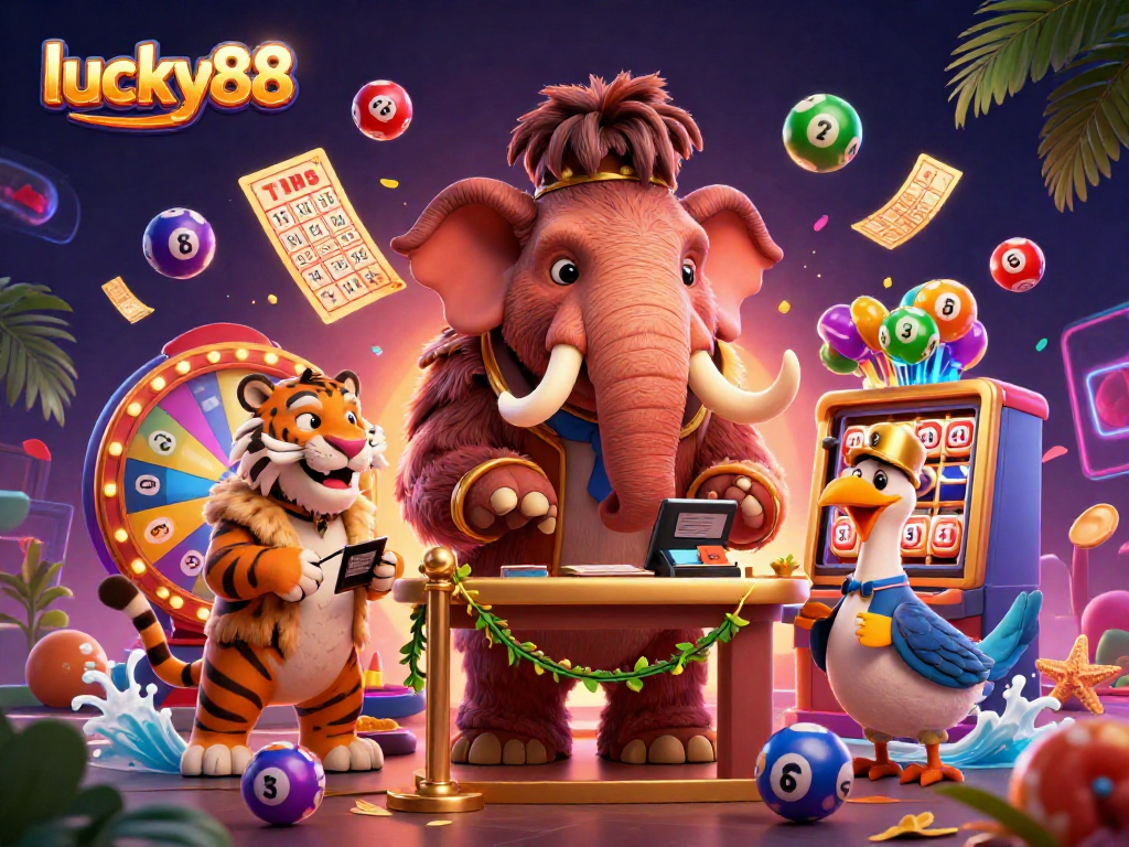 Immerse in the lucky88 fun with a vibrant casino scene featuring colorful lottery elements and animated characters.