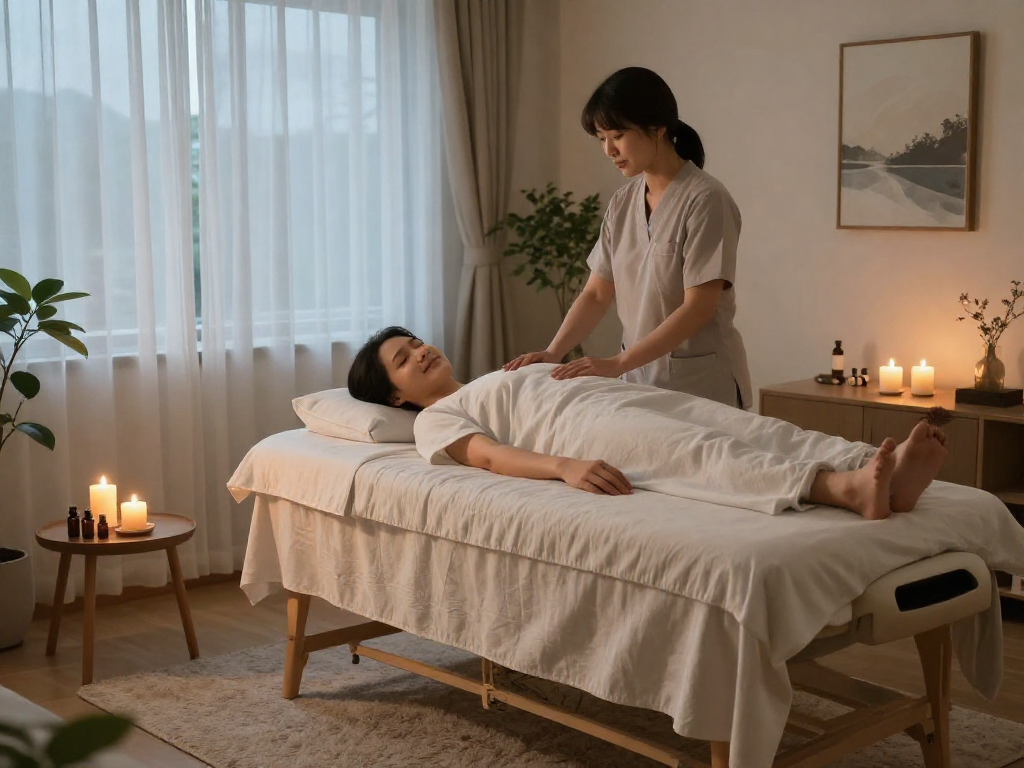 Experience a calming 강서구출장마사지 in a serene home environment, showcasing relaxation and comfort.
