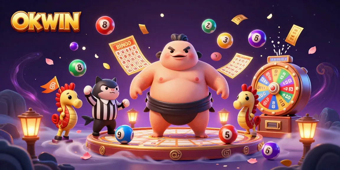 Engage with OKWIN in this vibrant 3D casino scene depicting underwater gambling elements and character action.