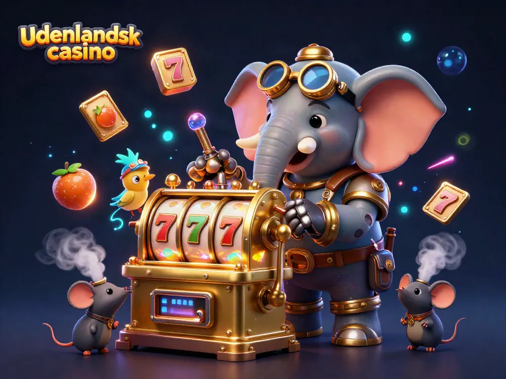 Play slots at udenlandsk casino with a steampunk elephant engineer operating an extravagant slot machine.