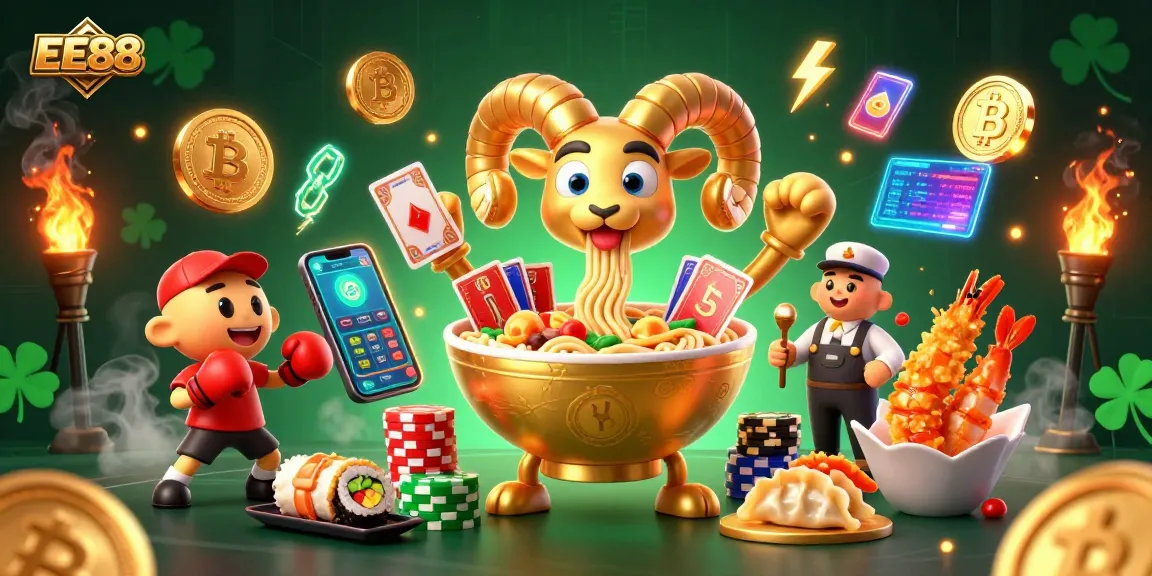 EE88 casino scene with a golden ramen bowl character dealing cards, showcasing dynamic gambling elements.