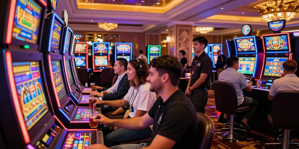 Exciting casino scene showcasing players at kamboja slot machines with vibrant decor.