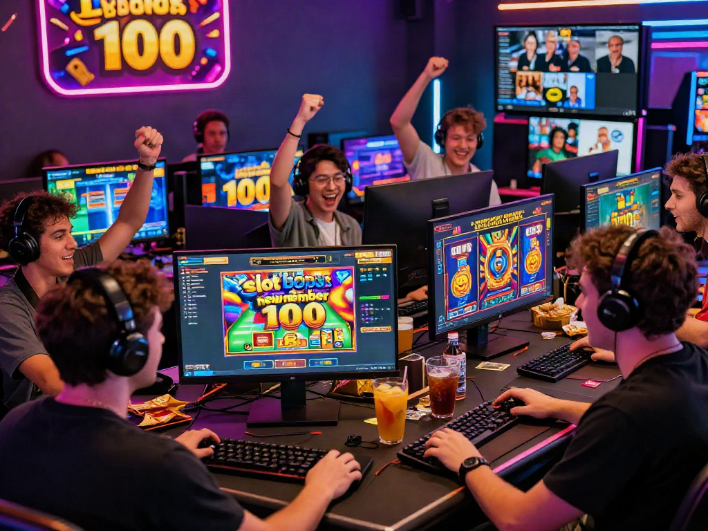 Players enjoying online gaming with slot bonus new member 100 displayed on their screens, vibrant atmosphere.