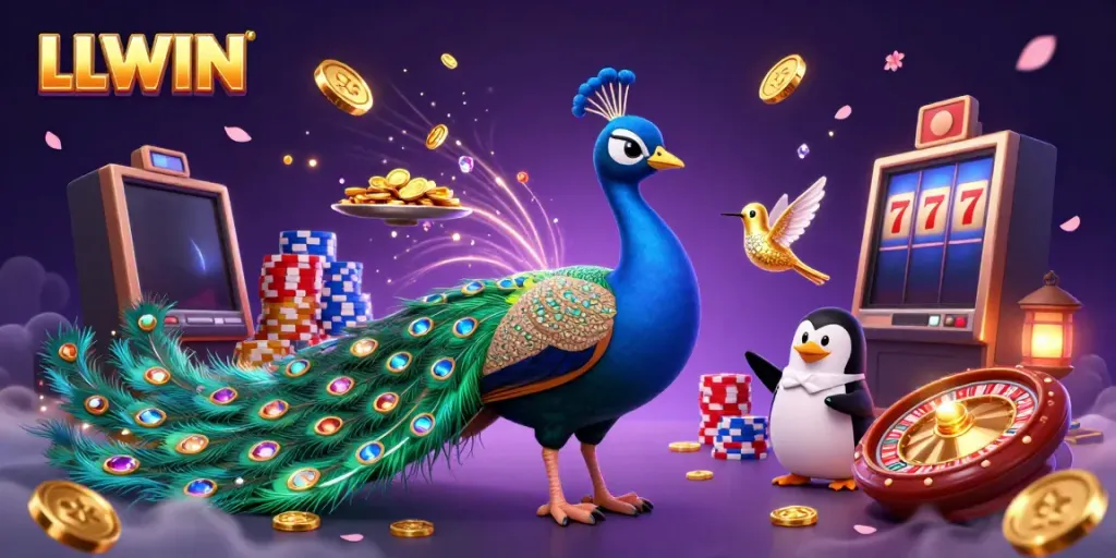 LLWIN showcases a vibrant online casino scene with a peacock, penguin, and hummingbird surrounded by golden chips and sparkling gems.