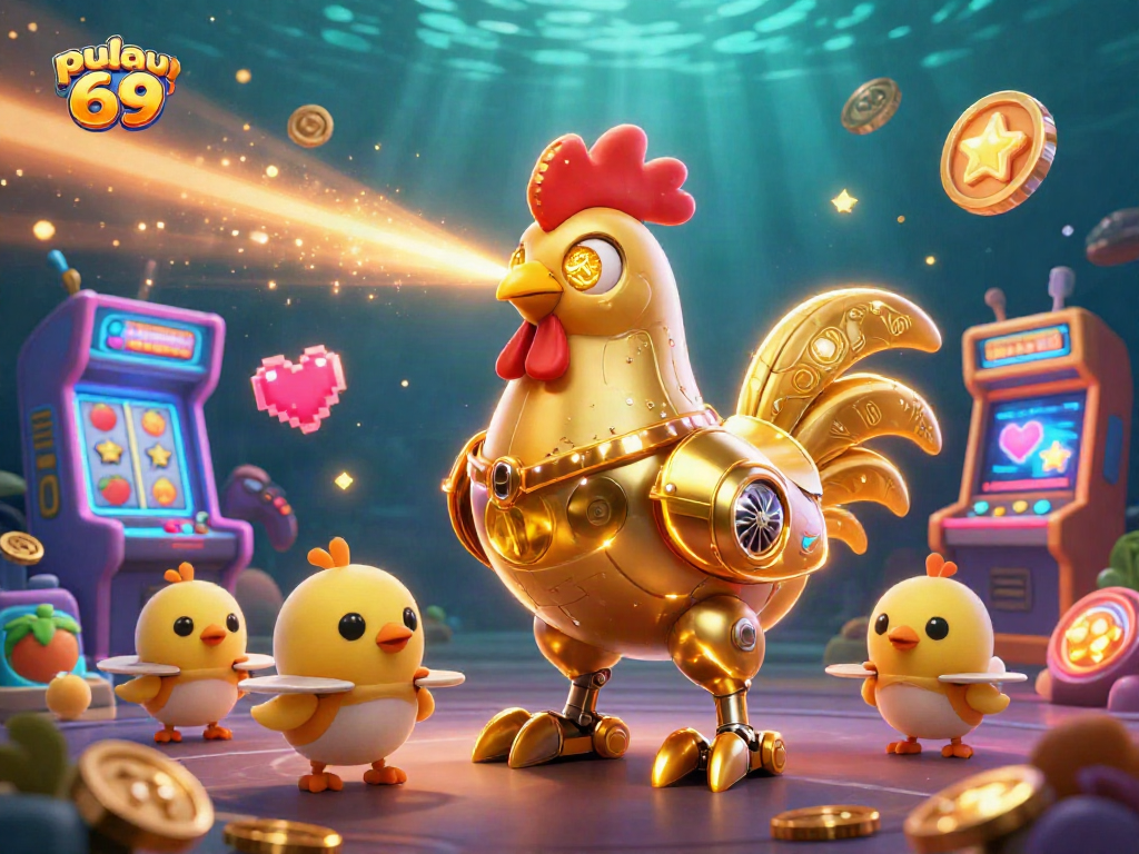 Engage in pulau 69 with vibrant 3D casino illustrations featuring a golden rooster robot and gaming elements.