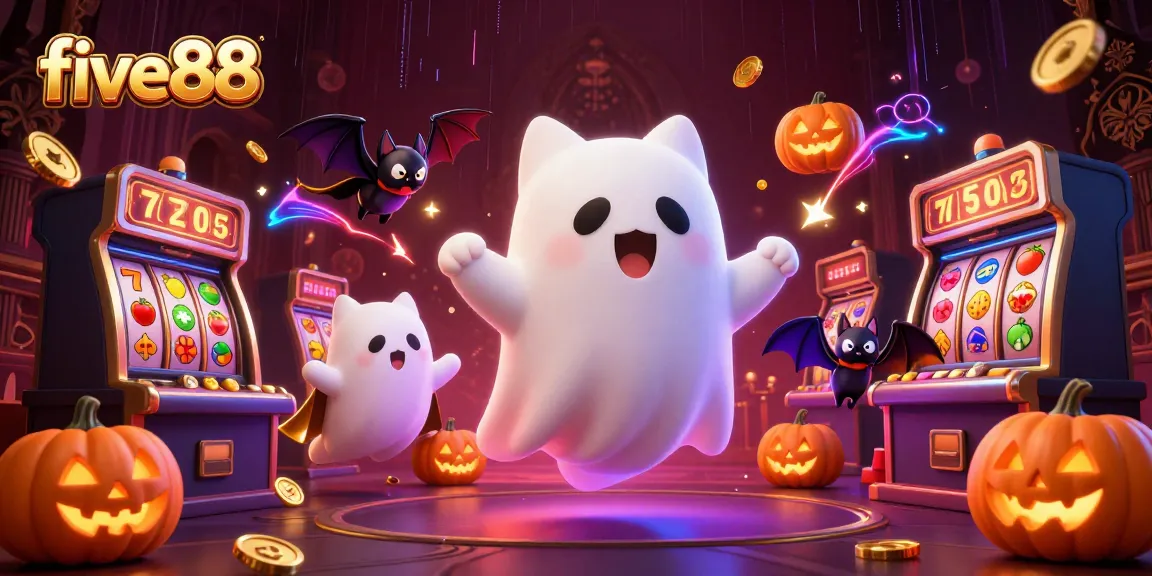 Experience thrilling gameplay at five88 with a vibrant 3D casino scene featuring a friendly ghost cat and dynamic slot elements.