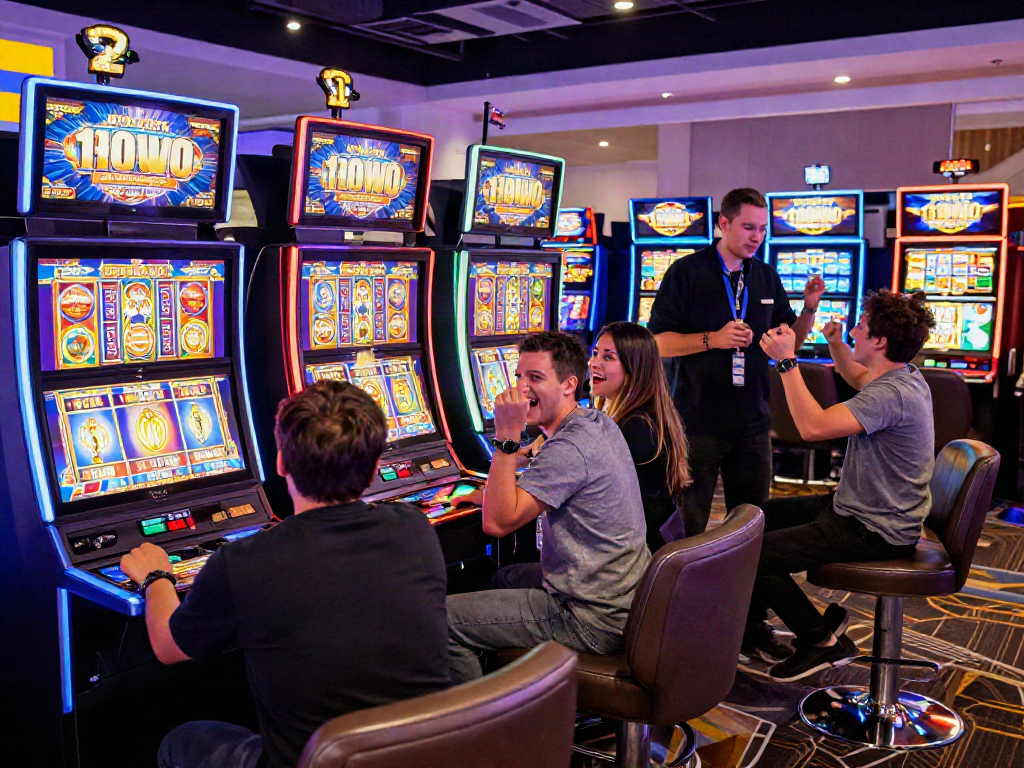 Excited players at a casino celebrating their slot bonus new member 100, surrounded by vibrant lights and slot machines.
