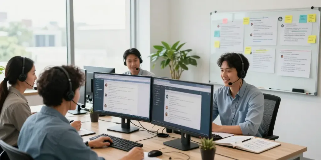 Customer support team collaborating in a bright office, showcasing teamwork and strategy development.