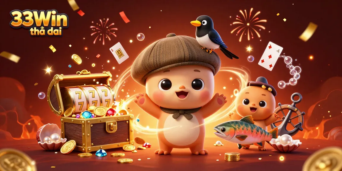 Experience excitement with 33Win nhà cái's charming 3D casino illustration, featuring fun characters and vibrant game elements.