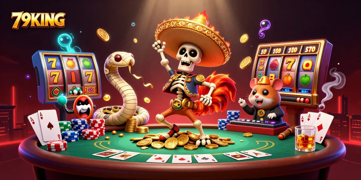 79KING welcomes excitement with a dancing mariachi rooster amidst vibrant casino elements.