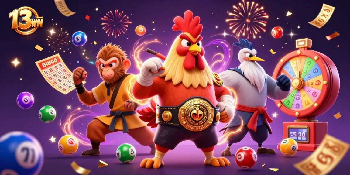 Win big with 13WIN as colorful lottery balls bounce around in this vibrant casino-themed illustration.