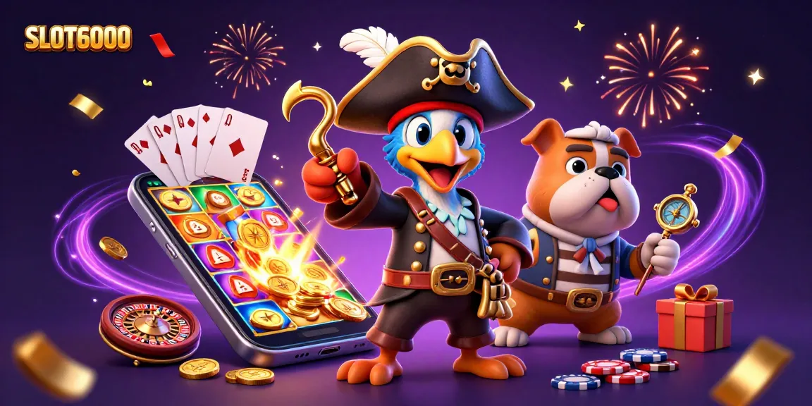 SLOT6000 engages players with an exciting 3D digital scene showcasing vibrant gaming elements in a lively casino atmosphere.
