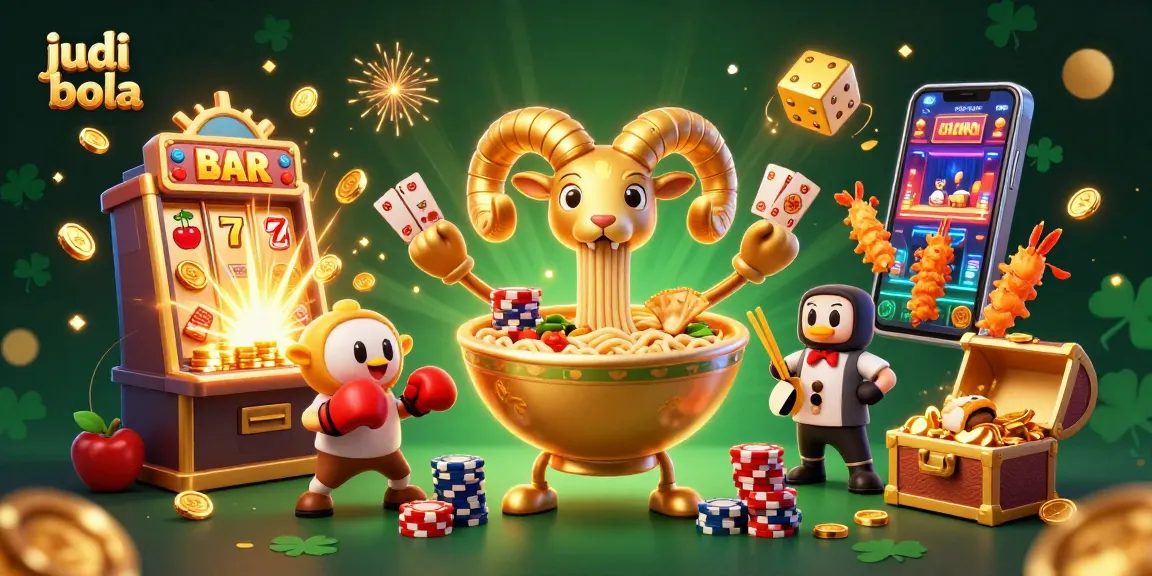 Engage in judi bola amidst a lively casino scene filled with cartoon characters and vibrant casino elements.