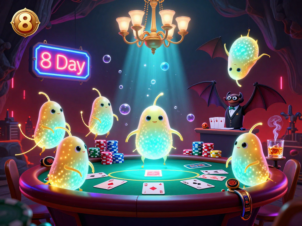 Experience the vibrant energy of 8 Day casino with glowworms lighting up the scene, enhancing your poker night.