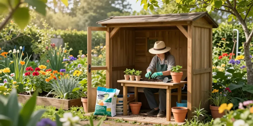 Wooden Garden Potting Sheds with gardener tending to seedlings in a lush garden.