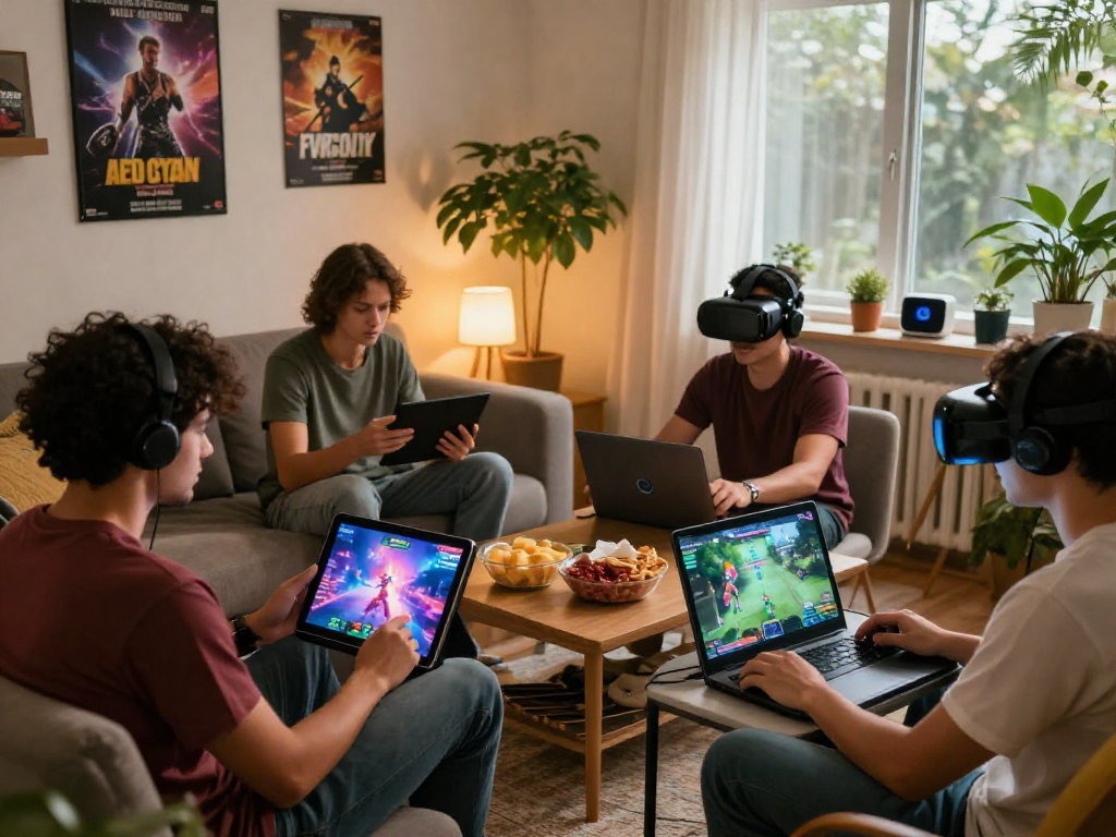 Group of friends playing engaging porn games on various devices in a cozy living room, showcasing immersive gameplay.