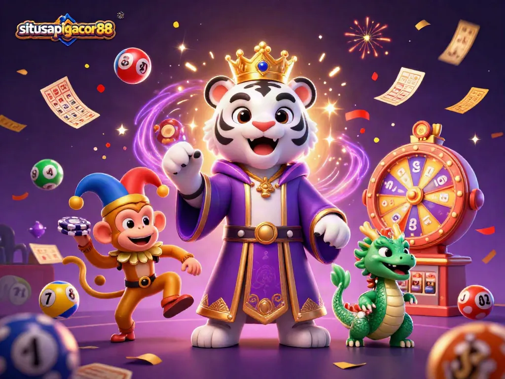 situsapigacor88 showcases a vibrant casino scene with a royal tiger and jester monkey celebrating wins with colorful lottery elements.