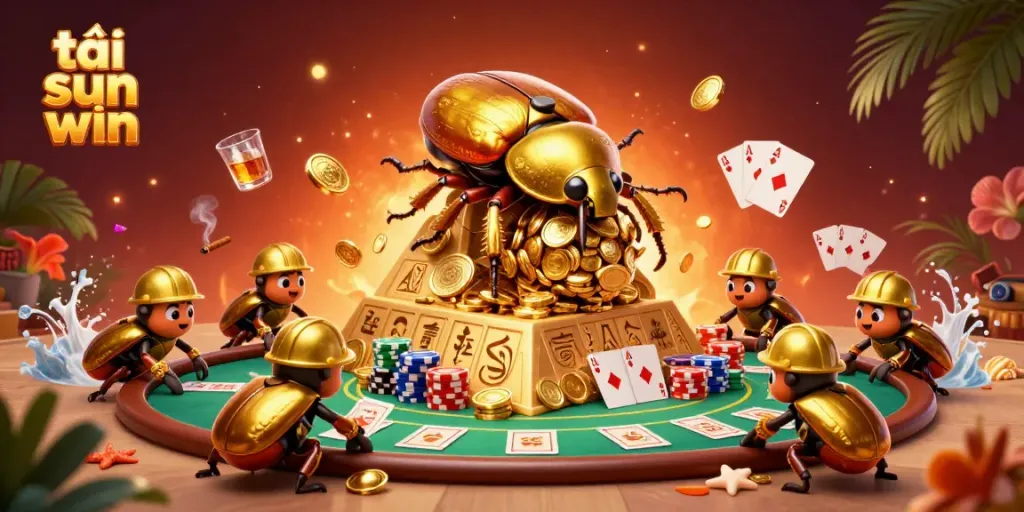 Engage with tải sun win through a vibrant 3D casino-themed scene featuring gold coins and poker chips.