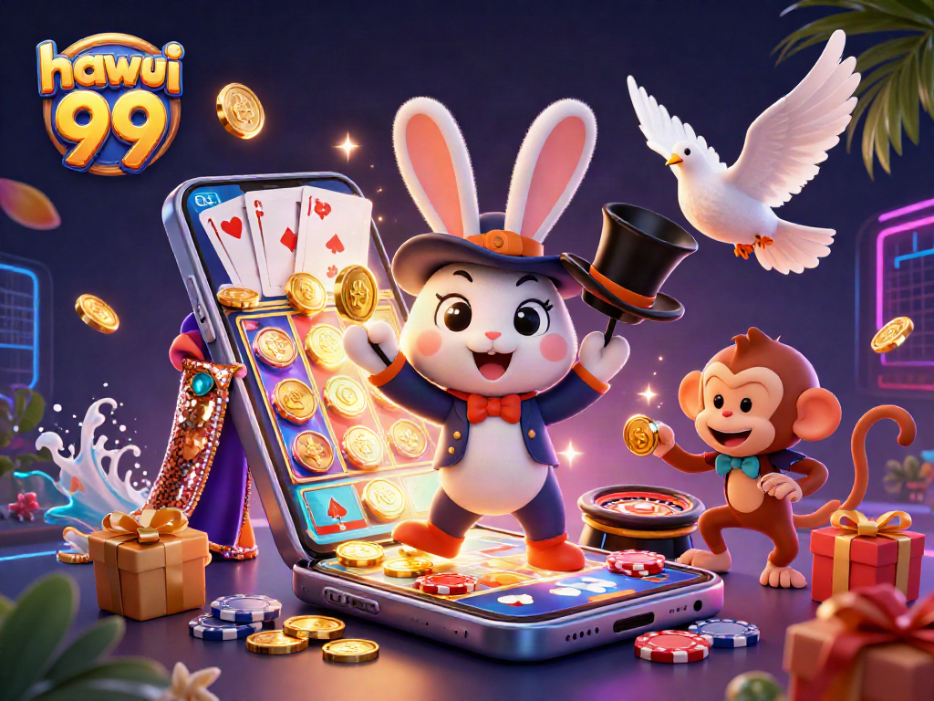 Experience the excitement of hawai 99 with thrilling casino characters amid magical coins and games.