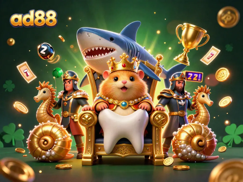 Experience the thrill of ad88's jackpot with a golden hamster king amidst dynamic casino elements and breathtaking visuals.