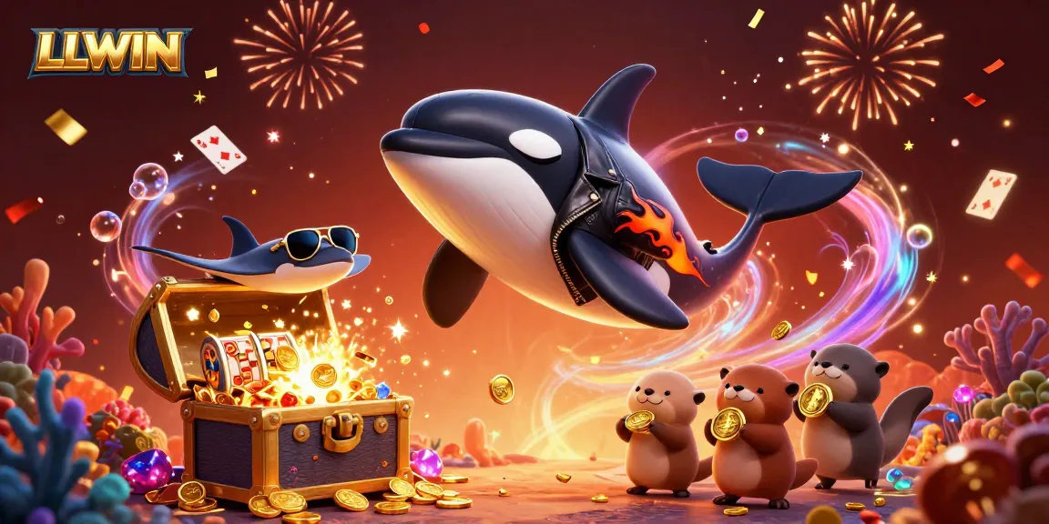 Experience exciting gaming with LLWIN as a powerful orca, cool stingray, and otters with coins float amidst jackpot elements.