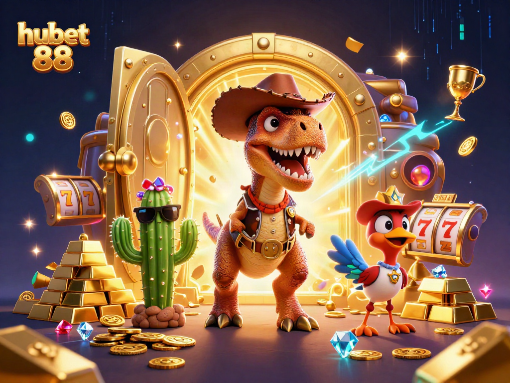 Spin the reels with hubet 88 as a T-Rex cowboy and friends surround golden treasures!