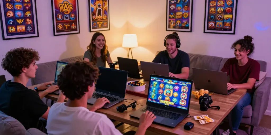 Players enjoying slot online games on various devices in a cozy setting.