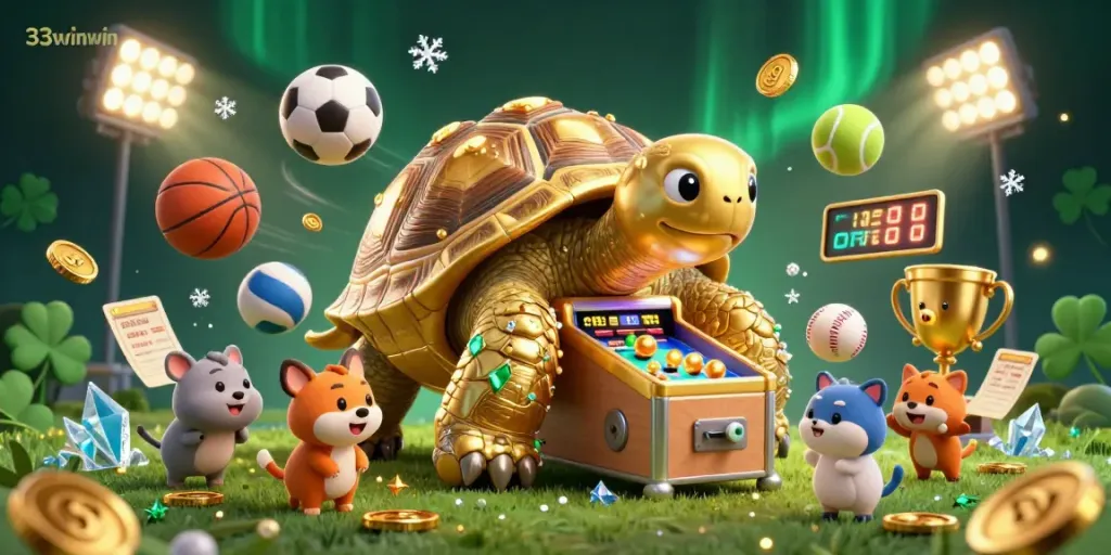 Engaged players at 33winwin enjoy a vibrant gaming scene with a golden tortoise pinball machine surrounded by dynamic sports elements.