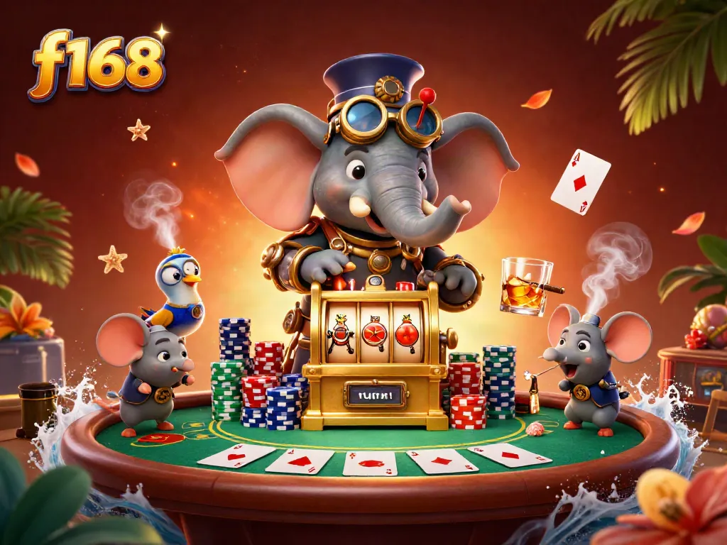 Experience f168 with a steampunk elephant engineer and dynamic casino environment.