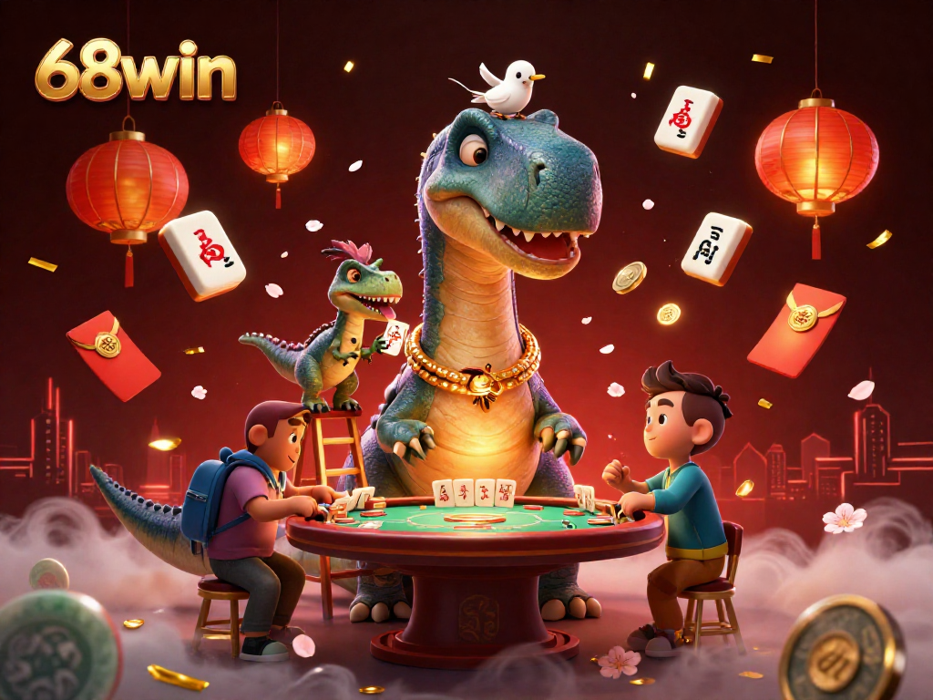 Experience the thrilling world of 68win with a cartoon brontosaurus and clever raptor in a vibrant casino scene.