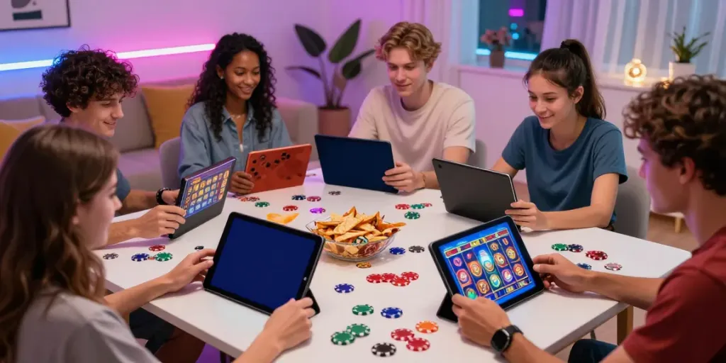 Teman-teman bermain slot online dengan antusias di ruang tamu yang nyaman.