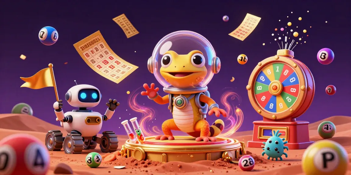 Experience thrilling moments at 8XBET with a Martian gecko discovering a golden casino amidst colorful lottery elements.