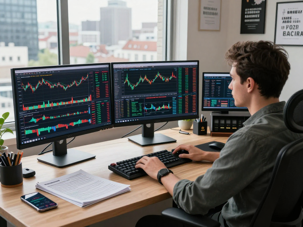 Professional trader analyzing multiple TradingView charts in a high-tech workspace, showcasing innovative market strategies.
