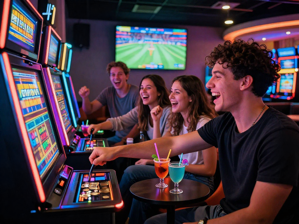 Friends enjoying slot88 gaming in a vibrant lounge filled with excitement.