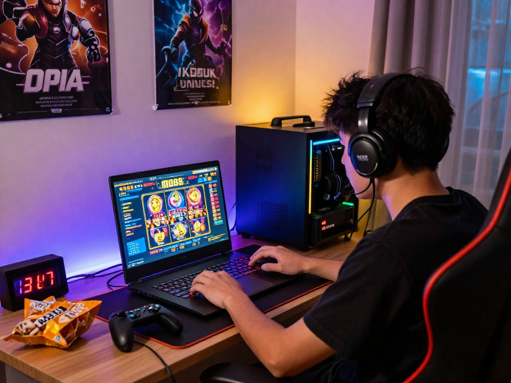 Gamer enjoying online slot88 games in a vibrant home setup with snacks and LED lights.