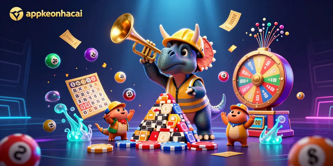 Catch the excitement at appkeonhacai with a lively gaming scene featuring a triceratops and celebratory elements.