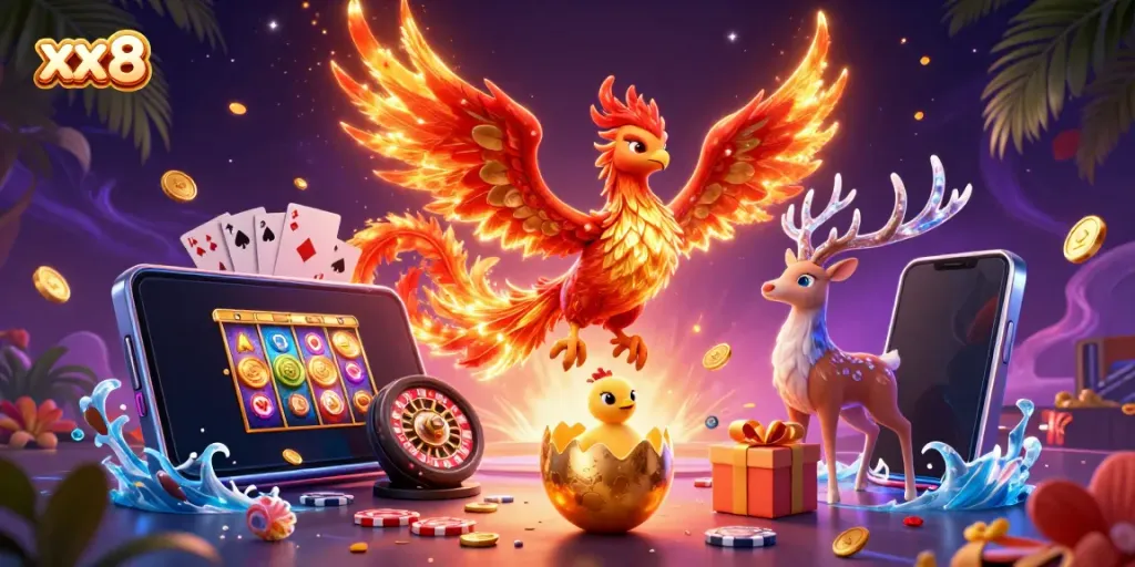 Engage with xx 8's vibrant 3D casino art showcasing a phoenix and dynamic slot game elements.