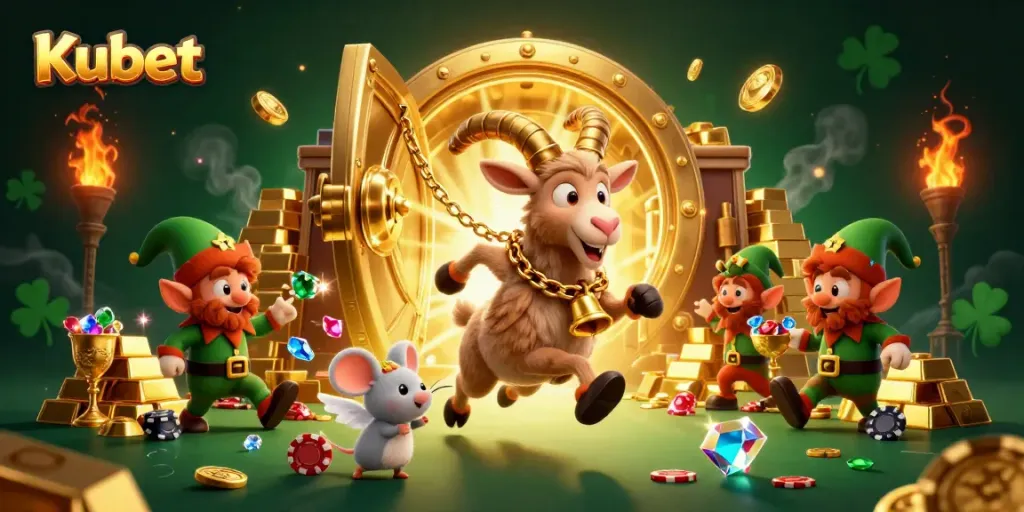 Kubet's festive casino scene features a mischievous Krampus and angel mouse amidst exciting gold treasures.