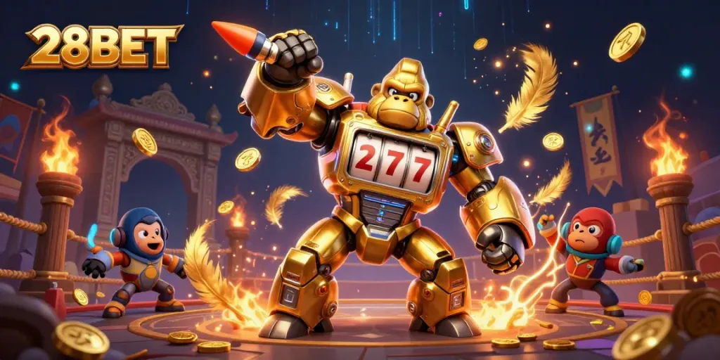 Experience the thrill of 28BET with a dynamic digital illustration showcasing a golden gorilla mech in action.