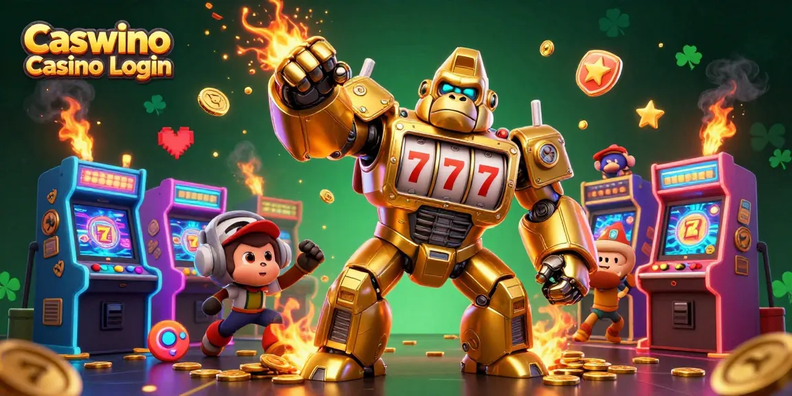 Caswino Casino Login graphic with a golden gorilla mech, spinning slot reels, and colourful arcade elements.