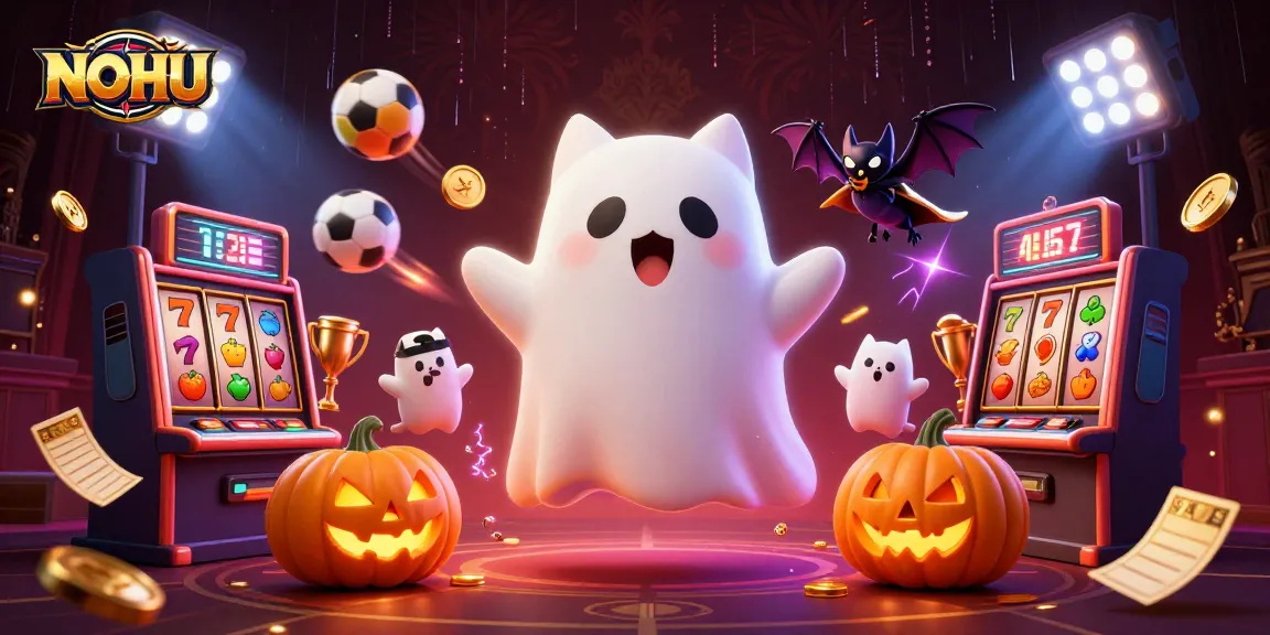 Engage in thrilling NOHU casino adventures with a friendly ghost cat and vampire bat surrounded by vibrant gaming elements.