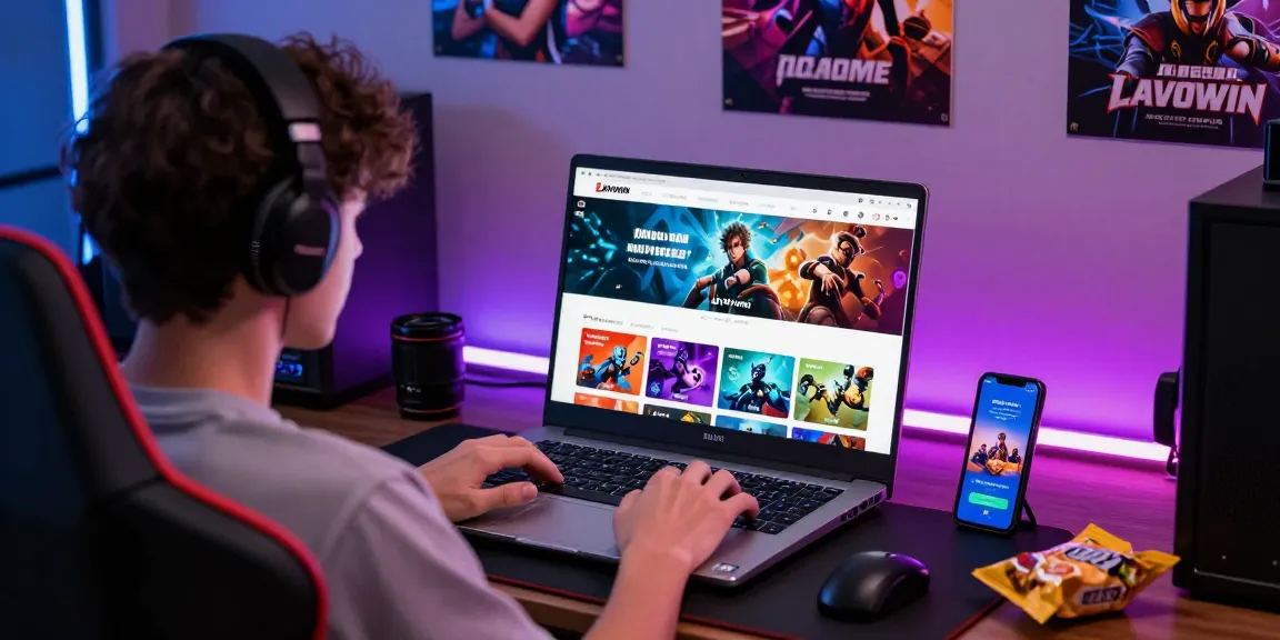 LAVOWIN login screen displayed on a laptop with vibrant game icons in a casual gaming environment.