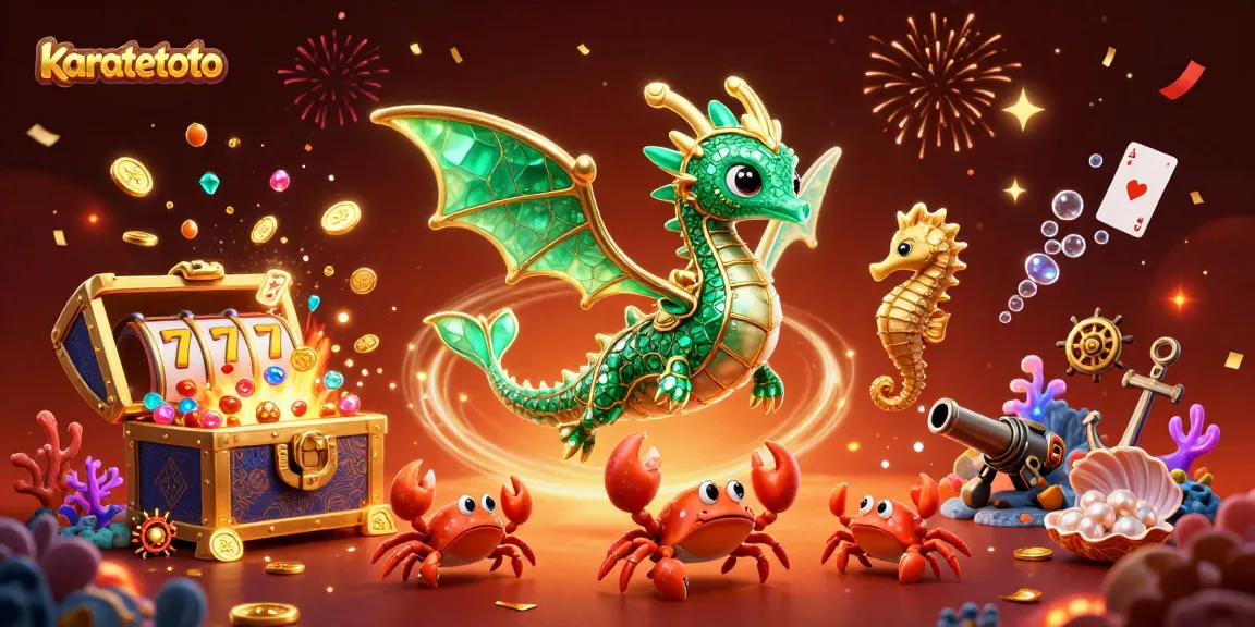 Karatetoto invites players into a vibrant, dynamic world full of excitement, showcasing a sea dragon, treasure, and slot elements.
