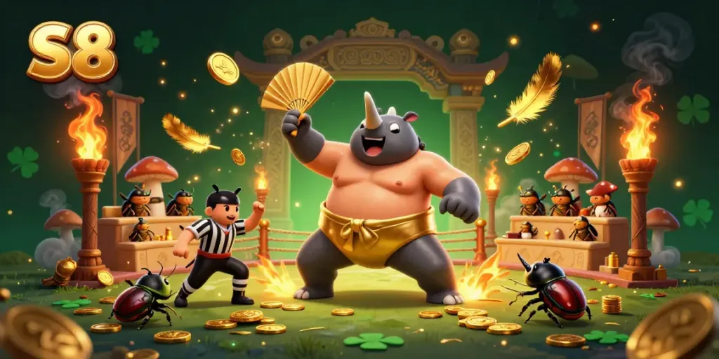 Experience thrilling S8 casino action with a beetle sumo champion, referee, and dynamic gold coin scatter.