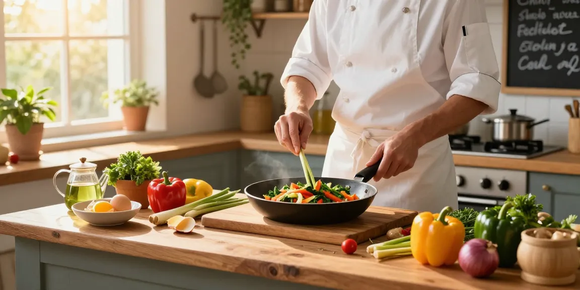 Exciting kitchen scene with a chef preparing healthy dishes featuring ginger, lemongrass, and colorful vegetables, embodying the essence of fresh cooking in a vibrant atmosphere.